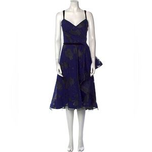 Pamella Roland | A-Line Midi Floral Dress with Horsehair Trim